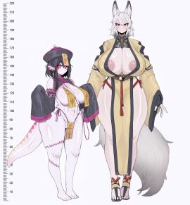 2girls ai_generated breasts female flappytsk fox_ears hand_print handprint heart huge_breasts jiangshi jiangshi_costume