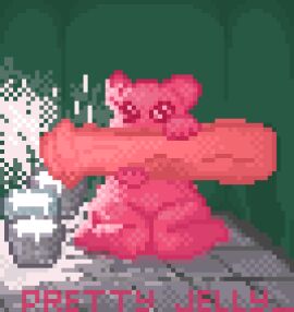 animated anthro big_penis bodily_fluids boobs breasts cum digital_media_(artwork) duo excessive_cum excessive_genital_fluids female food genital_fluids genitals glory_hole goo_creature jelly_(food) male non-human penis penis_milking pixel_(artwork) pixel_animation pixel_art prettyjelly slime toony