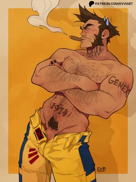 1boy bara beard body_hair bulge bulge_through_clothing clothing commando dick_print evviart facial_hair flaccid freeballing gay hairy hairy_arms hairy_chest hairy_male logan_(x-men) looking_at_viewer male male_focus male_only male_pubic_hair marvel marvel_comics masculine_male muscular muscular_male no_male_underwear no_underwear penis penis_peek pubes pubic_hair solo solo_male wolverine_(x-men) x-men yaoi