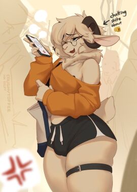 1boy anthro bovid bulge bulge_through_clothing caprine coughytoffee crop_top femboy fur holding_phone horn horns imminent_rape male mammal phone sheep shorts shuff_(ffuhss) tail thick_thighs white_body white_fur