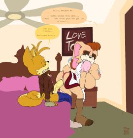 1boy 1girls 2024 absurd_res age_difference anthro bed bedroom big_breasts blush breasts brown_eyes brown_hair canid canine ceiling_fan clenched_teeth clothed clothed_sex clothing clothing_aside dress duo electric_fan english_text erection female footwear fox furniture gloves hair handwear hi_res lagomorph leporid male male/female mammal miles_prower milf mrguy820 older_female on_bed on_bottom on_top panties panties_aside partially_clothed penetration pussy rabbit reverse_cowgirl_position sega sex socks sonic_(series) sonic_the_hedgehog_(series) speech_bubble tail tails tails_the_fox teeth text thighhighs underwear underwear_aside vaginal_penetration vanilla_the_rabbit younger_male