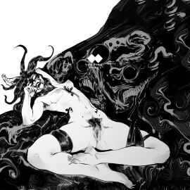 arm_up armpit_hair artist_name barefoot blank_eyes breasts commentary english_commentary female female_pubic_hair godiva_ghoul monster_girl nipples original prehensile_hair pubic_hair pussy sharp_toenails small_breasts solo spread_legs toenails