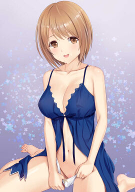 belly_button breasts brown_fur cleavage collarbone feet female female_only light_blush light_brown_hair m_legs medium_breasts n.g. nightgown nipple_bulge open_mouth original original_character pulling_panties pussy pussy_peek short_hair simple_background thick_thighs white_panties