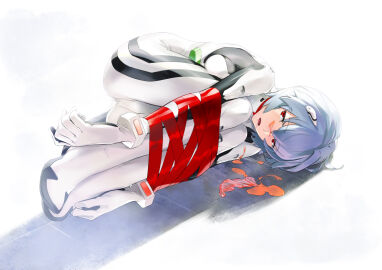 1girls ass ayanami_rei backlighting blue_hair bodysuit bondage bound bound_arms bound_legs bracer breast_press breasts condom female female_focus female_only femsub folded full_body gloves hair_between_eyes hair_ornament half-closed_eyes hobo_nooto lcl lying mecha_pilot_suit neon_genesis_evangelion on_side open_mouth plugsuit_(evangelion) red_eyes rei_ayanami ribbon saliva shadow short_hair small_breasts so_note solo suggestive_fluid tight_clothing used_condom
