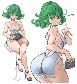 1girls adult_swim ass breasts bubble_ass bubble_butt dialogue dress english_text female front_and_back green-haired_female green_eyes green_hair large_ass light-skinned_female light_skin one-punch_man petite petite_body rakeemspoon short_hair small_breasts tatsumaki toonami
