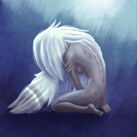 2d 2d_(artwork) angel angel_girl artistic_nude barefoot cool_colors female grey_body grey_skin hazbin_hotel kneeling lighting long_hair nonsexual_nudity petite petite_body sad scars scars_on_back serious shaded solo vaggie_(hazbin_hotel) vivziepop white_hair zealotiv