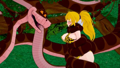 1girls 3d animal_print ass bikini blonde_hair breasts cleavage coiling failed_resistance fat_tits female happy_trance huge_ass huge_breasts hypnosis jungle kaa kaa_eyes koikatsu leaning_forward leopard_print leopard_print_bikini lipstick long_hair midriff mind_control mindless mrkoiru outdoors ponytail red_lipstick rwby smile snake swimsuit the_jungle_book tree wide_hips yang_xiao_long