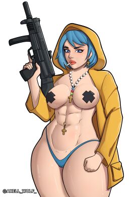 abs axellwolf blue_hair breasts casual cigarette clothing female firearm gun human luce_(vatican) medium_breasts muscular muscular_female necklace neckwear outerwear pale_skin raincoat religious_girl rifle rosary short_hair standing tape taped_nipples thong weapon white_background wide_hips yellow_raincoat