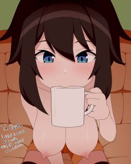 animated blue_eyes breasts brown_hair coffee_mug cum cum_on_breasts drinking drinking_cum gokkun heart-shaped_pupils jyuri_de_oma nipples smile swallowing tagme tongue_out topless video
