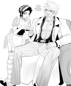 2boys abs apron bell_collar blush breast_squeeze breasts choker cigarette collar crossdressing english_text eriurias73 fear_and_hunger fear_and_hunger:_termina femboy full_body fully_clothed garter_straps gay levi_(fear_and_hunger) maid maid_headdress maid_uniform male male_only monochrome muscular muscular_male open_shirt pavel_yudin pec_squeeze scars sitting stockings striped_legwear striped_thighhighs suit teacup tears thighhighs yaoi