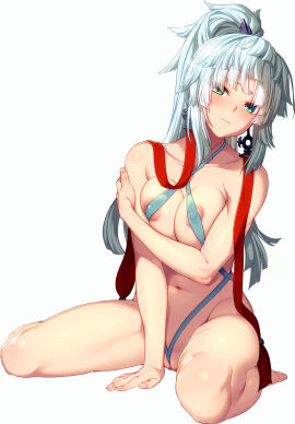 846-gou areola_slip bare_shoulders blush breasts censored collarbone covered_nipples earrings fate/samurai_remnant fate_(series) female green_eyes highres jewelry long_hair looking_at_viewer medium_breasts navel ponytail pussy pussy_peek sidelocks sitting slingshot_swimsuit solo swimsuit thighs wariza white_hair yui_shousetsu_(fate)