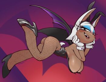 absurd_res ass bat bat_wings big_ass big_breasts big_butt blush blush_lines breasts bunny_costume clothing costume eyeshadow female footwear half-closed_eyes hanging_breasts hi_res high_heels makeup mammal membrane_(anatomy) membranous_wings narrowed_eyes rouge_the_bat sega sharp_fangs sharp_teeth shoes smile sonic_(series) sonic_the_hedgehog_(series) teeth thendyart thick_thighs wide_hips wings