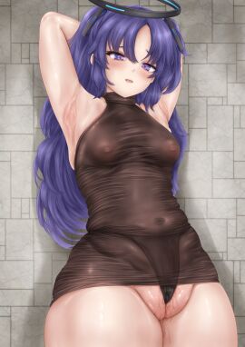 1girls areolae areolae_visible_through_clothing belly_button belly_button_visible_through_clothing black_panties blue_archive blush cat_of_ulthar clothed clothing dress female female_only heart-shaped_pupils indoors light-skinned_female light_skin looking_at_viewer millennium_science_school_student nipples nipples_visible_through_clothing panties purple_eyes purple_hair room see-through see-through_clothing seminar_(blue_archive) solo symbol-shaped_pupils yuuka_(blue_archive)