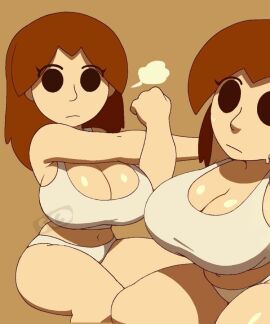 1girls after_workout armpit_peek big_eyes blank_stare breasts brown_background brown_hair cleavage dilated_pupils expressionless fat_ass female glistening glistening_breasts lilmoonie mii mii_gunner mii_gunner_(smash_4) mob_face nintendo pale-skinned_female sideshow_circus small_nose stretching super_smash_bros. sweatdrop sweaty_face thick_thighs venus_body wall_eyed watermark white_bra white_panties