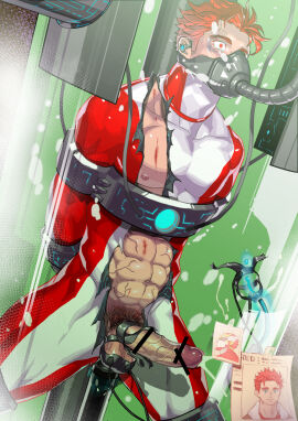 1boy abs anal anal_insertion anal_object_insertion balls bar_censor bara battle_damage big_balls big_penis blank_eyes bodysuit bondage bound_arms bound_legs bruise bruise_on_face bubble captured censored censored_penis chastity_cage collarbone corruption crying cum cumshot destroyed_clothing ejaculation erection hero hero_in_trouble highres inflated_belly injury legs_apart male male_focus male_only male_pubic_hair mind_break muscles muscular muscular_arms muscular_legs muscular_male muscular_thighs nezumi_ranna nipples original original_character oxygen_mask pecs pectorals penis pubic_hair red_eyes red_hair restrained semen sentai short_hair six_pack stasis_tank swollen_balls swollen_penis tears testicles torn_clothes urethral_injection urethral_insertion uruonurun vein veiny_balls veiny_penis wire yaoi