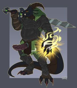 1boy 2023 3_toes 4_horns 5_fingers accessory anthro armor artist_name balls black_armor black_body black_scales black_tail bottomwear bracers brown_balls brown_body brown_claws brown_horn brown_penis brown_scales claws clothing cock_ring cuisse curved_horn digital_drawing_(artwork) digital_media_(artwork) digitigrade dragon dragonborn_(dnd) dreadlocks dungeons_and_dragons facial_spikes fangs feet finger_claws fingers flat_colors gauntlets genitals gloves greaves green_bottomwear green_clothing green_hair green_skirt grey_ring hair handwear hasbro hi_res holding_melee_weapon holding_object holding_sword holding_weapon horn humanoid_genitalia humanoid_penis jaw_spikes jerichoe jewelry knight leather leather_armor long_tail magic magic_user male male_only melee_weapon membrane_(anatomy) multi_horn multicolored_body multicolored_scales mythological_creature mythological_scalie mythology non-mammal_balls paladin pauldron penis penis_accessory penis_jewelry plackart red_eyes reptile scales scalie skirt solo spikes spikes_(anatomy) standing sword sword_on_shoulder tail teeth toe_claws toes warrior weapon weapon_on_shoulder webbed_ears wizards_of_the_coast wrynn_pralternock