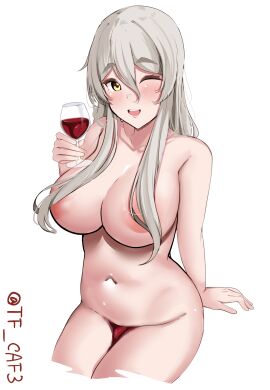 alcohol areola_slip blush breasts brown_eyes covered_nipples covered_pussy drunk female female_only grey_hair highres kantai_collection large_breasts long_hair looking_at_viewer navel nude one_eye_closed open_mouth pola_(kantai_collection) pussy sitting smile solo solo_female tf_cafe twitter_username wakamezake wavy_hair white_background wine