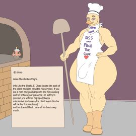 animated anthro appliance apron ass avian big_ass big_butt big_penis bird boots chef_hat chica_(fnaf) chicken clothed clothing cupcake curvy_figure el_chico_(photolol.03) five_nights_at_freddy's food footwear furry galliform gallus_(genus) genitals hat headgear headwear hi_res holding_object information_box kerchief kitchen_appliance male male_only muscular muscular_anthro muscular_male oven penis phasianid photolol.03 pink_eyes rule_63 scottgames shoes simple_background solo text thick_thighs wide_hips