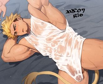 1boy animal_ears arm_behind_head arms_up bara beard_stubble biceps blonde-haired_male blonde_hair blonde_male blush covered_penis earrings gay gay_male goatee highres jewelry lion_tail lying male male_focus multicolored_hair muscular muscular_male nipples original penis rio_mukiniki see-through_clothes see-through_shirt shirt single_earring solo stubble sweat tail thick_eyebrows two-tone_hair wet wet_clothes yaoi yellow_eyes