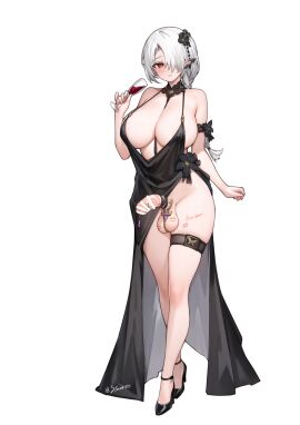 alcohol arm_strap artist_name bar_censor between_breasts black_dress black_flower black_shoes blush body_writing braid breasts censored collarbone cup dress evening_gown female flower full_body futanari hair_flower hair_ornament high_heels highres holding holding_cup lipstick_mark long_hair long_sleeves looking_at_viewer no_panties parted_lips pelvic_curtain penis penis_piercing piercing plunging_neckline pointy_ears red_eyes shoes simple_background single_braid skindentation sleeveless sleeveless_dress solo standing stmast testicles thigh_strap twitter_username veins veiny_penis white_background wine