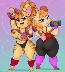 anthro areola ass big_ass big_breasts big_butt black_clothing bodily_fluids breasts buckteeth clothing cricetid duo female front_view furry hamster hi_res kaaty_(character) leotard mammal navel neronova nipples original original_character original_characters pink_inner_ear pink_tongue rear_view red_clothing red_leotard rodent short_stack sweat teeth thick_thighs tongue wide_hips