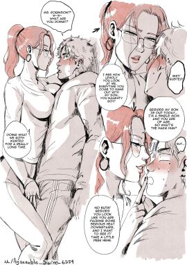 1boy 1girls agreeable_swim_6551 blonde_hair blush breasts clothes crotch_grab earrings english_dialogue english_text female femdom finger_to_another's_mouth friends_mother fully_clothed gentle_femdom glasses grabbing_penis grabbing_penis_through_clothes greyscale groping groping_crotch groping_penis groping_through_clothes hoodie kabedon lucy_(agreeable_swim_6551) male milf monochrome mostly_monochrome ms_robinson_(agreeable_swim_6551) narrowed_eyes older_female_and_younger_male penis red_hair redhead ring speech_bubble spot_color sweat sweatpants thought_bubble