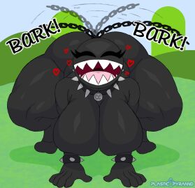 1girls ass ass_bigger_than_head barking big_ass big_breasts black_body black_skin breasts chain chain_chomp closed_eyes doggy_style eyelashes female gigantic_ass happy heart_symbol huge_ass huge_thighs mario_(series) muscular muscular_thighs nintendo open_mouth plastic_pyramid sharp_teeth smile solo_female spiked_collar tail_wiggle thighs wide_smile