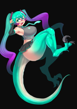 1girls anthro blue_hair breasts dinosaur dinosaur_girl female hatsune_miku monster monster_girl naniwadou raptor raptor_claws reptile scalie tail velociraptor vocaloid