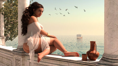 1girls 3d ancient_greece ass brown_hair bubble_ass bubble_butt female jayyboww long_hair ocean original original_character seaside see-through_clothing voluptuous