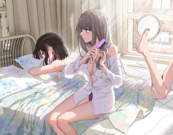 2girls absurdres barefoot bed big_breasts bite_mark bite_mark_on_shoulder bite_mark_on_thigh blue_eyes borrowed_character breasts brown_hair brushing_hair chinese_commentary cleavage closed_mouth collared_shirt colored_inner_hair commentary_request curtains day dress_shirt feet female grey_hair hair_brush hickey highres indoors jovei large_breasts lipstick_mark lipstick_mark_on_back lipstick_mark_on_breast long_hair looking_at_another lying medium_breasts mirror multicolored_hair multiple_females multiple_girls nail_polish no_pants nude on_bed on_stomach panties partially_unbuttoned pillow pink_hair purple_eyes purple_panties saotome_shino_(shino_to_ren) shino_to_ren shirayuki_ren shirt short_hair sidelocks single_off_shoulder sitting smile sunlight the_pose toenail_polish toenails toes under_covers underwear white_shirt window yuri