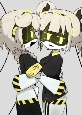 2girls adorable_female affectionate black_clothes cuddling cuddly duo_female female female_only fully_clothed_female grey_background hands_on_another's_waist happy headbands j_(murder_drones) lawgx loving murder_drones safe_for_work scared silver_hair soft talking_to_another touching_each_other v_(murder_drones) white_body yellow_eyes