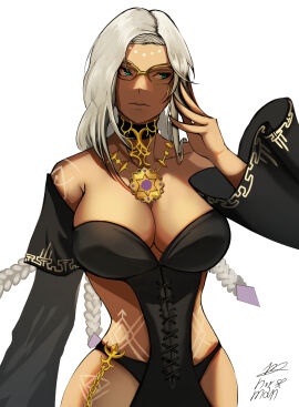 1girls big_breasts black_thong bodypaint braid braided_hair braided_ponytail breasts busty cleavage corset dark-skinned_female dark_skin dolores_(kof) dress female glasses gold_(metal) gold_jewelry green_eyes hips jewel jewelry king_of_fighters long_hair long_sleeves necklace ponytail thighs thong tied_hair voluptuous voluptuous_female white_hair wide_hips