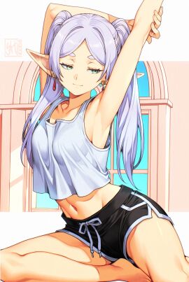 1girls armpits arms_up belly belly_button breasts casual earrings elf elf_ears elf_female elf_girl feet feet_out_of_frame female frieren frieren_beyond_journey's_end gym_clothes gym_clothing gym_shorts midriff skaggshood solo solo_female solo_focus sousou_no_frieren stretching white_hair window