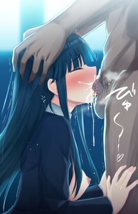 1boy black_hair breasts cum cum_in_mouth female large_breasts nipples oral oral_sex penis sabo_(12454861) school_uniform touma_kazusa very_long_hair white_album_(series) white_album_2