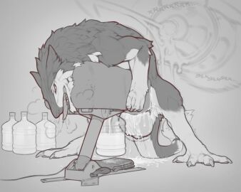 anthro balls balls_deep big_balls bodily_fluids breeding_mount container cum cum_collecting cum_in_container cum_in_jar cum_on_balls cum_splatter cumshot ejaculation excessive_cum excessive_genital_fluids genital_fluids genitals hi_res huge_balls internal jar looking_pleasured male nonstop_nut_november orgasm penetration penile penis_milking rorik_ironwill sergal sex_toy snowskau solo vibrator