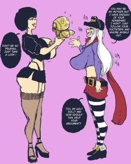 2girls big_breasts bimbo black_hair breasts color daughter english_text female high_heels huge_breasts long_hair mother mother_and_daughter multiple_females multiple_girls pantyhose sequence shishikasama short_hair skirt text thong transformation white_hair