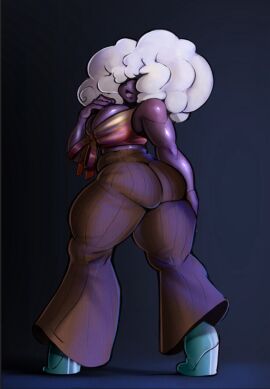 1girls 2025 annette_apricot annettesugar ass back_view behind_view big_ass big_breasts big_thighs blue_background breasts breasts_bigger_than_head cleavage cleavage_overflow clothed clothed_female color crop_top curly_hair curvy curvy_female curvy_figure dark-skinned_female dark_background dark_skin digital_media eyes_covered female female_only footwear hair_over_eyes hand_on_breast hand_on_leg heels high_heels huge_breasts human lips long_hair pants shiny_skin thick_thighs thighs voluptuous voluptuous_female white_hair wide_hips