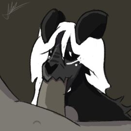 anthro balls black_body black_fur bone canid canine canis domestic_dog erection fellatio female fur futanari genitals hair hi_res intersex mammal oral penile penis sex skrucha skull skull_dog skulldog skulldog_(species) solo white_hair