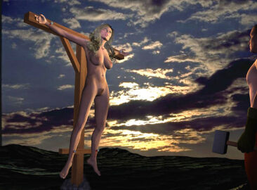1boy 3d blonde_hair clothed_male_nude_female crucifixion female male nude nude_female original topless_male zenrow236