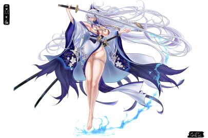 absurdly_long_hair absurdres areola_slip azur_lane bare_shoulders barefoot breasts covered_nipples female female_pubic_hair full_body gravity_(disasuer) hair_over_one_eye highres holding holding_sword holding_weapon japanese_clothes kimono large_breasts long_hair long_sleeves looking_at_viewer pubic_hair purple_streaks simple_background skindentation solo sword unzen_(azur_lane) very_long_hair weapon white_background white_hair white_kimono wide_sleeves