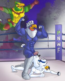 abs accipitrid accipitriform animal_crossing anthro armor ass ass_up avian beak biceps big_muscles bird blue_body bodily_fluids clothing crouching depth_of_field detailed_background dripping eagle erection feathers feet fighting_ring fist flexing flexing_bicep foreskin frank_(animal_crossing) gauntlets genital_fluids genitals gesture glans gloves grass green_body group gull gulliver_(animal_crossing) hand_gesture handwear hat headgear headgear_only headwear headwear_only helmet hi_res huge_muscles humanoid_feet humanoid_genitalia humanoid_hands imminent_sex jumping kneeling krowbutt lari larid male male/male mostly_nude motion_blur muscles muscular muscular_male night nintendo nipples nude open_mouth pecs penis plant plantigrade pointing precum precum_drip raised_arms sailor_hat size_difference slim slim_male smile sterling_(animal_crossing) sweat tail tail_feathers tongue tongue_out tree trio uncircumcised white_body wrestler wrestling wrestling_briefs yellow_body