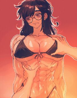1girls abs bikini black_bikini blush breasts brown_eyes brown_hair choi_jinseon_(spoiledmuffin) cleavage embarrassed eyewear female glasses groping hi_res highleg large_breasts looking_away matching_hair/eyes muscular muscular_female original pixel_art pov spoiledmuffin swimsuit
