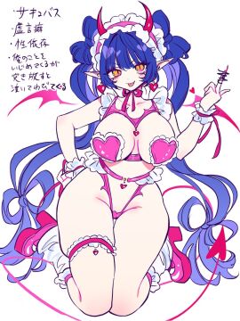 absurdly_long_hair akiyama_enma blep blue_hair bow-shaped_hair breasts breasts_apart cute_fang dark_blue_hair demon demon_girl demon_horns female fingernails heart_pasties highres horns index_finger_raised large_breasts long_fingernails long_hair maid_headdress middle_finger orange_eyes original pasties pointy_ears revealing_clothes simple_background skindentation slit_pupils solo thigh_strap tongue tongue_out translated twintails very_long_hair white_background