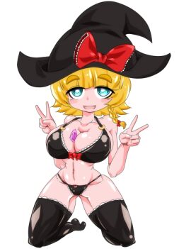 1girls almost_naked belly belly_button black_bra black_thighhighs blonde_hair blue_eyes bow bowtie bra breasts busty busty_female condom condom_between_breasts condom_wrapper cookie_(touhou) female hat large_breasts marisa_kirisame meguru_(cookie) open_mouth red_bow red_bowtie ribbon_bra ribbon_panties short_hair side_braid smile smiling smiling_at_viewer tagme thick_thighs thighhighs touhou v_sign white_pupils witch_hat