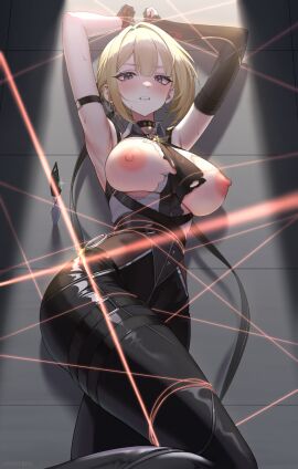 armpits arms_up ascot belt black_choker black_gloves black_pants blonde_hair blush bondage boots bound bound_wrists breasts breasts_out choker clenched_teeth collared_shirt cross ear_piercing earrings elbow_gloves evelyn_chevalier female gloves high-waist_pants jewelry large_breasts lewd_edit looking_at_viewer mintz912 nipples nude_edit nude_filter pants parted_lips piercing purple_eyes restrained shirt short_hair single_glove sleeveless sleeveless_shirt solo sweat teeth torn_clothes white_shirt xgaggi zenless_zone_zero