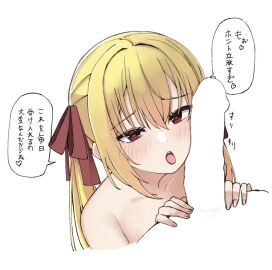 1boy arihara_nanami aroused bare_shoulders blank_censor blonde_hair blush censored close-up commentary_request erection eyelashes female hair_between_eyes hair_ribbon heart heart-shaped_pupils long_hair looking_at_penis male nude open_mouth penis penis_awe red_eyes red_ribbon ribbon riddle_joker simple_background solo_focus sound_effects speech_bubble straight straight_hair symbol-shaped_pupils tft_(tft7822) tongue tongue_out translation_request tsurime twintails white_background