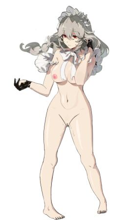 alexandrina_sebastiane big_breasts black_gloves breasts edit excited female fully_nude maid_uniform pink_nipples pussy red_eyes taller_female victoria_housekeeping wet_pussy white_hair white_ribbon zenless_zone_zero