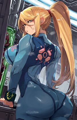 ass back_view big_ass big_breasts bigpapapickle blonde_hair blue_eyes bodysuit breasts clothed curvy curvy_body curvy_female curvy_figure curvy_hips female hourglass_figure ishijimajirou long_hair looking_at_viewer looking_back metroid ponytail samus_aran solo_female tagme wide_hips zero_suit zero_suit_samus