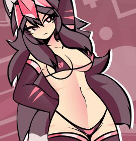 1girls arm_on_hip arm_sleeves arm_up big_breasts bra breasts cathie_(rivergravidade) color colored eyebrows eyebrows_visible_through_hair eyelashes female female_focus female_only grey_hair jewel_on_forehead jewelry long_hair looking_at_viewer negative_cathie panties pink_eyes pose rivergravidade sleeves sleeves_past_elbows stomach tall_female taller_female thick_thighs thigh_highs thighhighs thighs thighs_together white_pupils