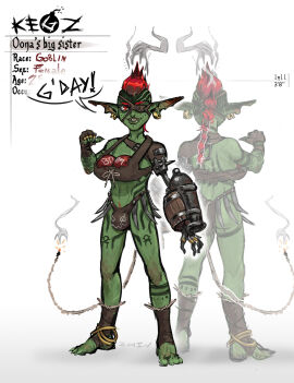 anklet back_view body_scars bodypaint bomb braided_ponytail breasts bulge character_sheet clothed ear_piercing earrings explosives eye_patch facepaint fake_breasts female female_only flat_chest freckles freckles_on_shoulders front_view goblin goblin_female golden_tooth green_body green_skin happy_trail highres kegz_(zhiv) landing_strip leather_clothing missing_arm missing_eye missing_tooth navel original pointing_at_self pointy_ears prosthesis red_eyes red_hair red_pubic_hair ring scar smaller_female smile smiling_at_viewer smoke solo solo_female speech_bubble text zhiv